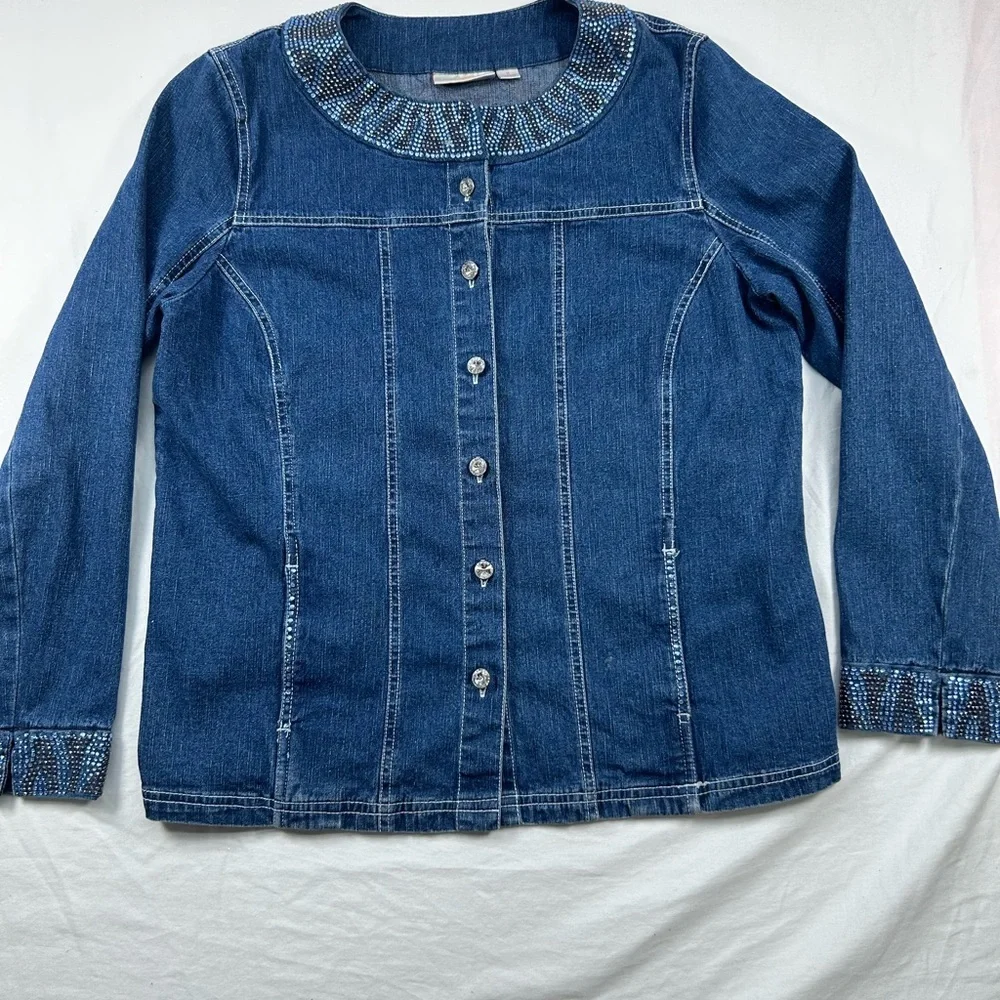 Quacker Factory Custom Denim Jacket No Bad Vibes Peace Rhinestone boho Sz M